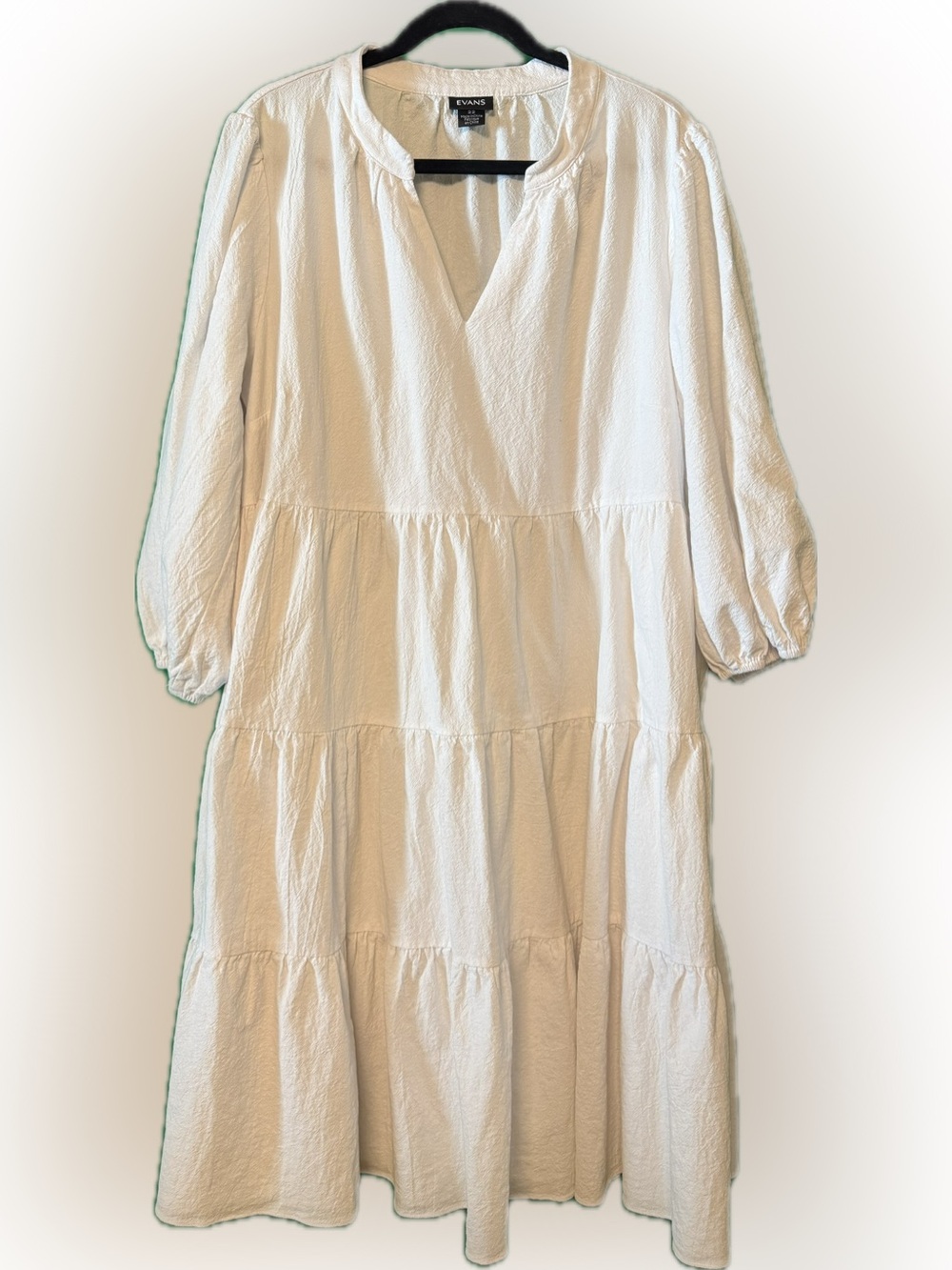 Evans Cream Tiered Midi Dress with V-Neck and Puff Sleeves